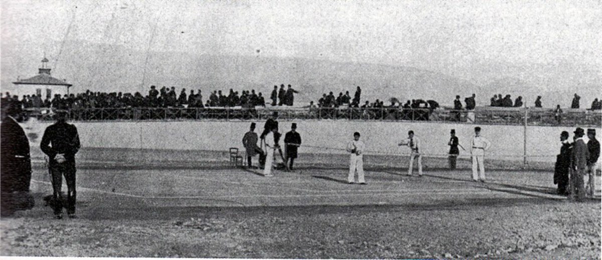 The 1896 Olympic doubles gold medal match between Boland and his partner Friedrich Traun and the Greek pair of Dimitrios Kasdaglis and Demetrios Petrokokkinos.